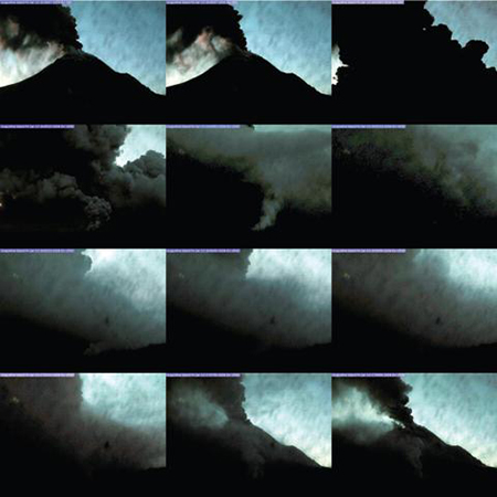 Augustine Volcano eruption as imaged by the Mound camera from roughly 4:40 to 5:10 p.m. on January13, 2006. The sequence of images is from left to right in each row and top to bottom in rows / Courtesy USGS