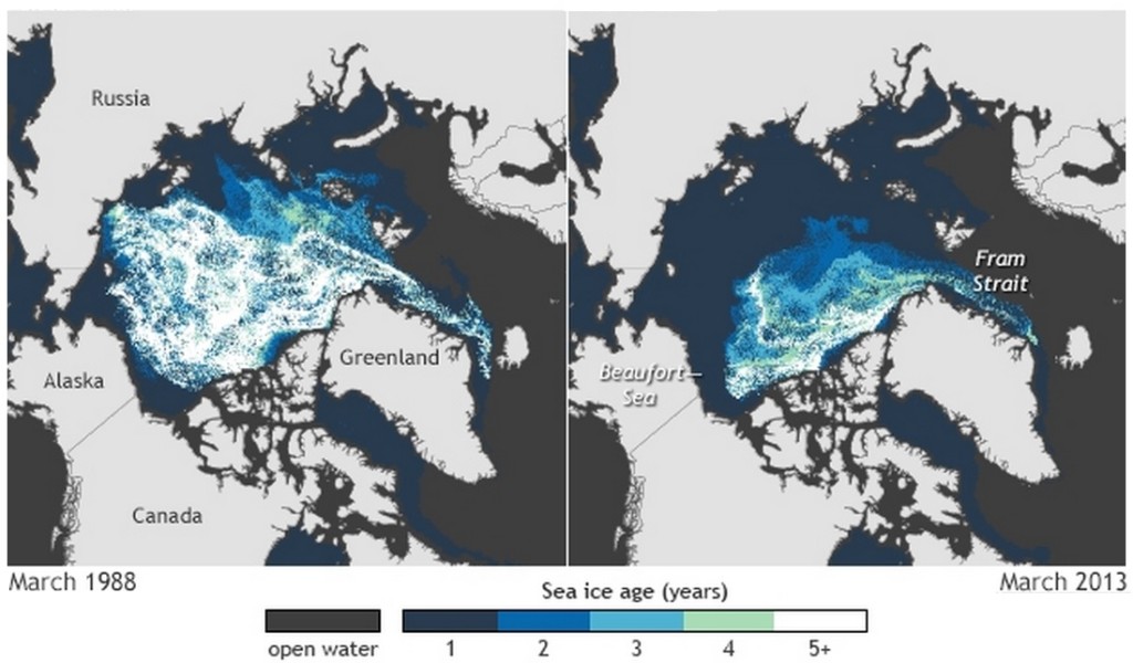 Map of Arctic sea ice thickness and extent, March 1988 vs. March 2013 / Cortesy NOAA Climate.Gov, based on data provided by Mark Tschudi, University of Colorado