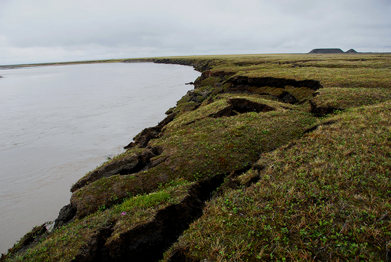 Soil collapses as a result of permafrost thaw and erosion in this image taken along the Sagavanirktok River on the North Slope of Alaska near Deadhorse. / Courtesy National Snow and Ice Data Center & CIRES