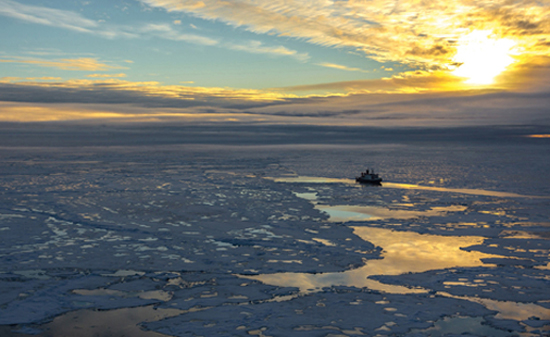 Polarstern in the Central Arctic (position approx. 83° N, 130° O). One-year thin sea ice predominated in the Arctic in the summer of 2012. The ice cover is permeated by open water areas and melting ponds. / Courtesy: Stefan Hendricks, Alfred Wegener Institute